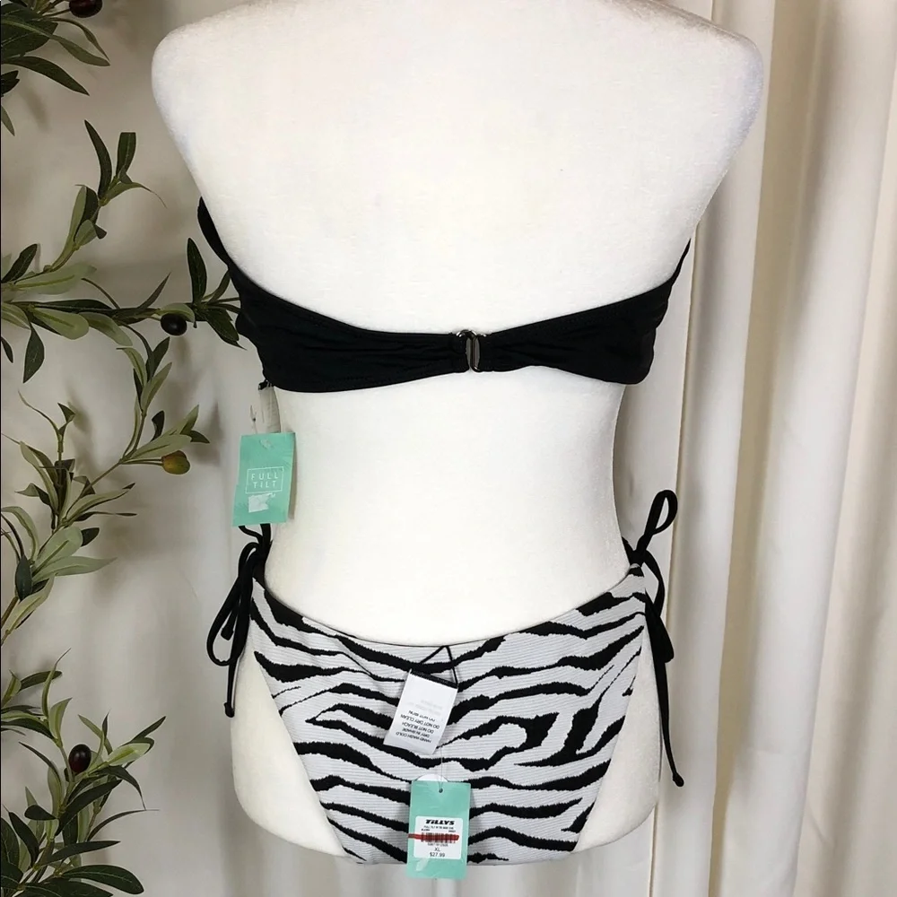 NWT Tilly's Swim Bikini Bandeau Twist Top with Zebra Tie-Side Bottoms Sz XL (S2)